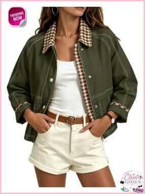 Women's Cropped Plaid Barn Jacket Lightweight Bomber Utility Coat